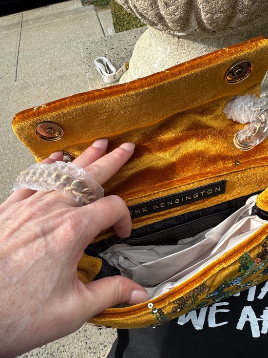 Kurt Geiger Mustard Gold Quilted Velvet Crossbody with Blue Sequin Floral - Picture 8 of 9